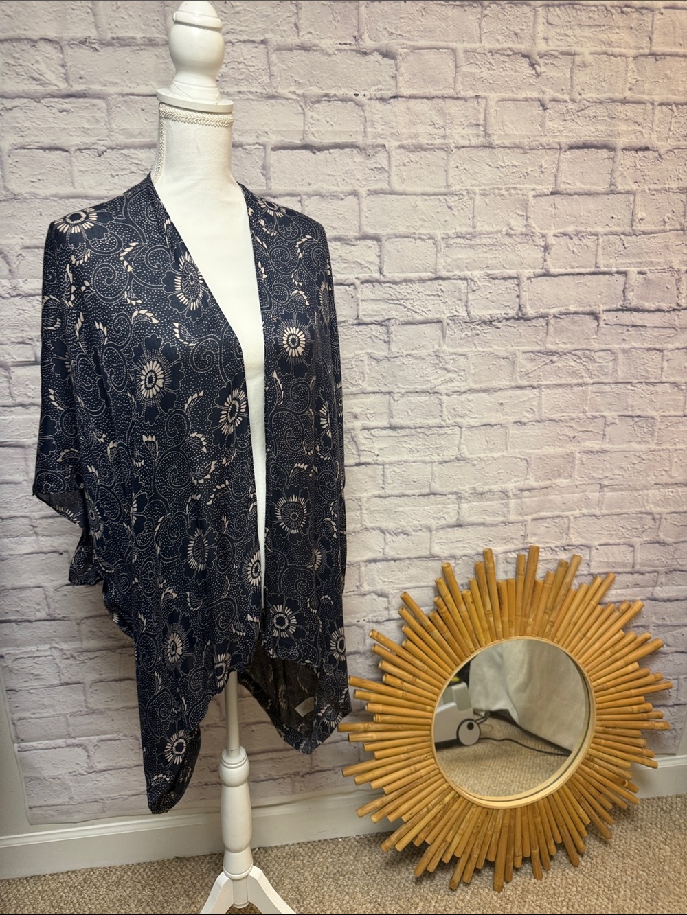 LOFT Navy Blue and Cream Floral Kimono Cardigan